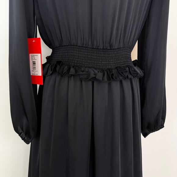 Monique Lhuillier ML Navy Satin Dress High-Low Long Sleeve V-Neck 4 NWT - Picture 12 of 16